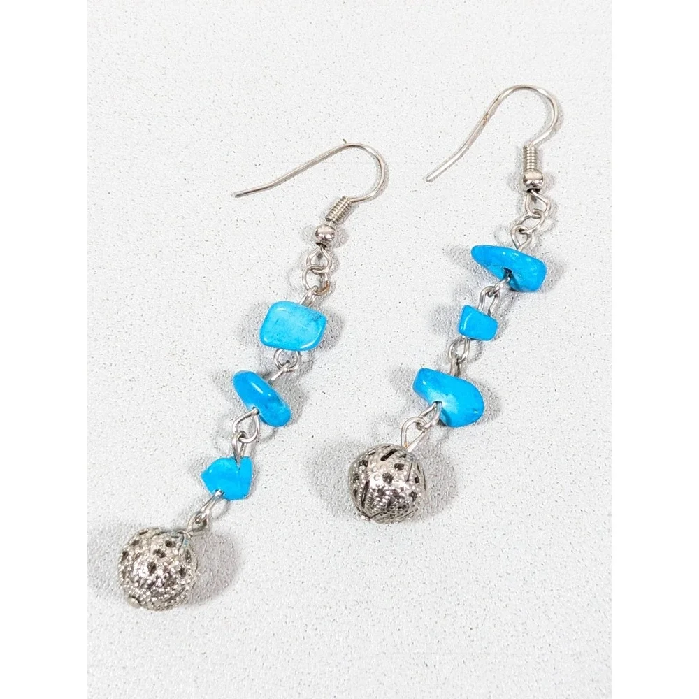 Beachy Coastal Blue Stone Chip Round Filigree‎ Ball Dangle Hook Earrings